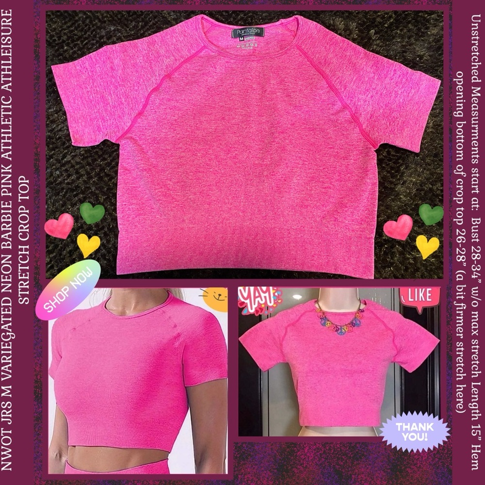 NWOT JRS M VARIEGATED NEON BARBIE PINK ATHLETIC ATHLEISURE STRETCH CROP TOP